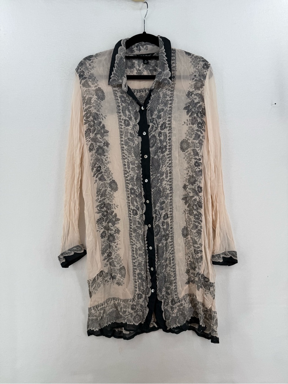 Lucky Brand silk Cream and Black Floral Button-Front long sleeve shirt dress